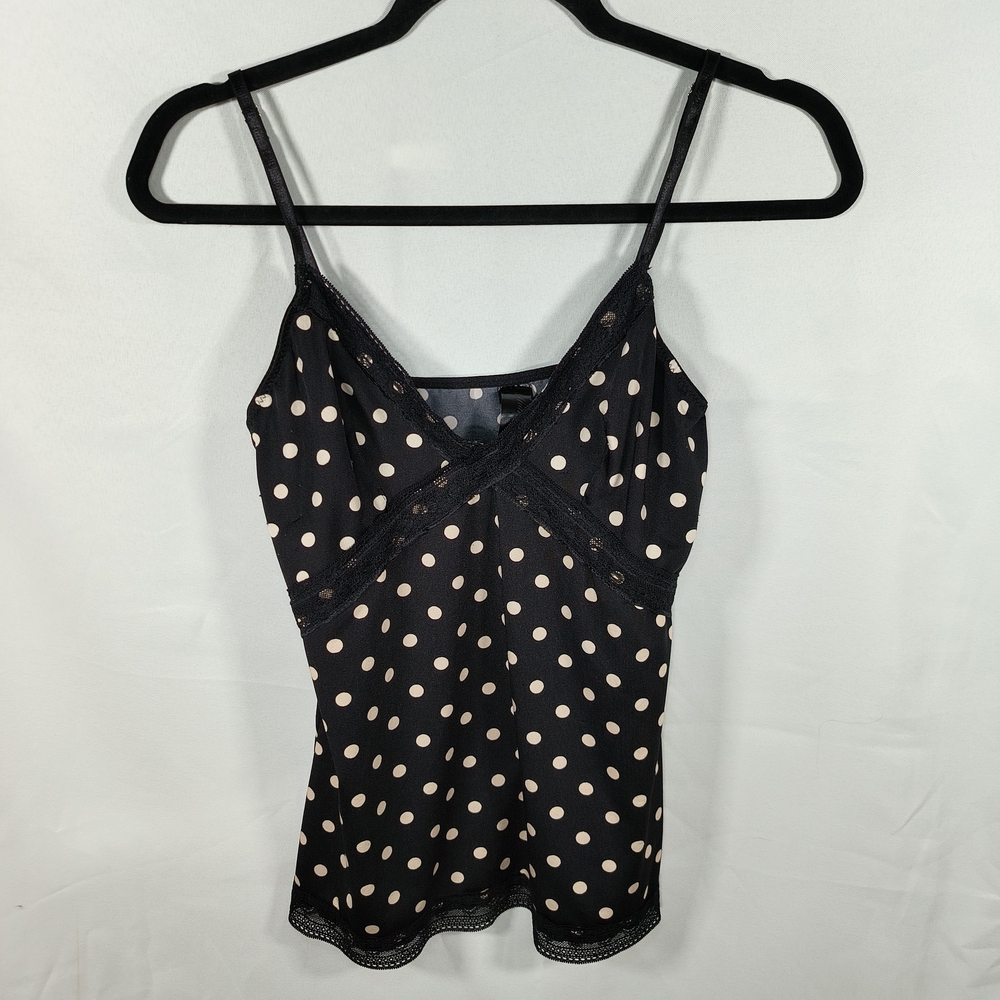 Y2K Polka Dot Lace Trim Cami Top Black White Coquette Aesthetic Large. Size L